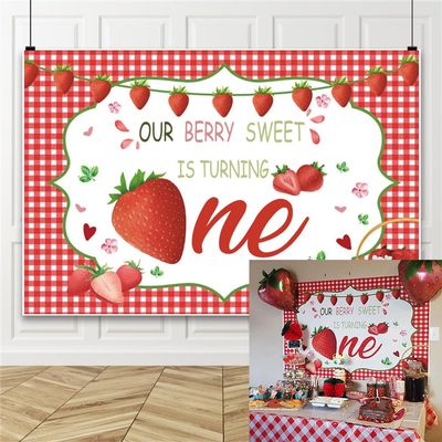 1st Birthday Strawberry Backdrop for Photography 5x3ft Red Lattice Our Berry Sweet is Turning One Background Girls Boys Birthday Party Cake Table Decor Baby Kids Portrait Photo Studio Props Vinyl