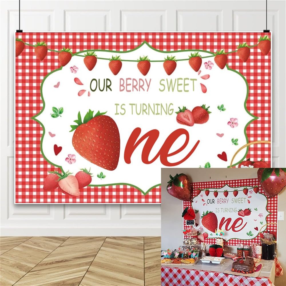 1st Birthday Strawberry Backdrop for Photography 5x3ft Red Lattice Our Berry Sweet is Turning One Background Girls Boys Birthday Party Cake Table Decor Baby Kids Portrait Photo Studio Props Vinyl