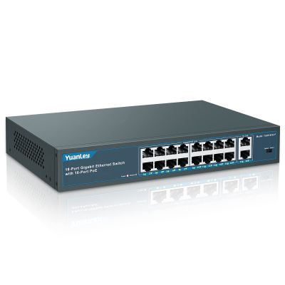 YuanLey 16 Port Gigabit PoE Switch with 2 Gigabit Uplink, 16 PoE+ Port 1000Mbps, 250W 802.3af/at, Metal Desktop/Rackmount, Unmanaged Plug and Play Network Switch