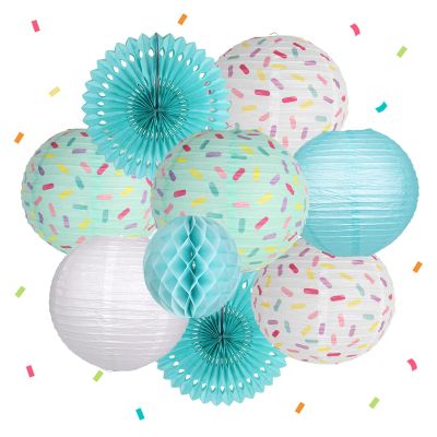 YUNXUAN Donut Birthday Party Decorations, Donut Party Supplies Paper Lanterns Fan Honeycomb Ball Hanging Paper Lanterns for Baby Shower Kids Birthday Party Ice Cream Party Decorations