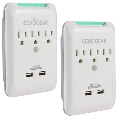 ECHOGEAR Outlet Extender Multiplug 2 Pack with 3 AC Outlets & 2 USB Ports Low Profile Design Sits Just 1.1" from Wall - Protects Your Gear with 540 Joules of Surge Protection