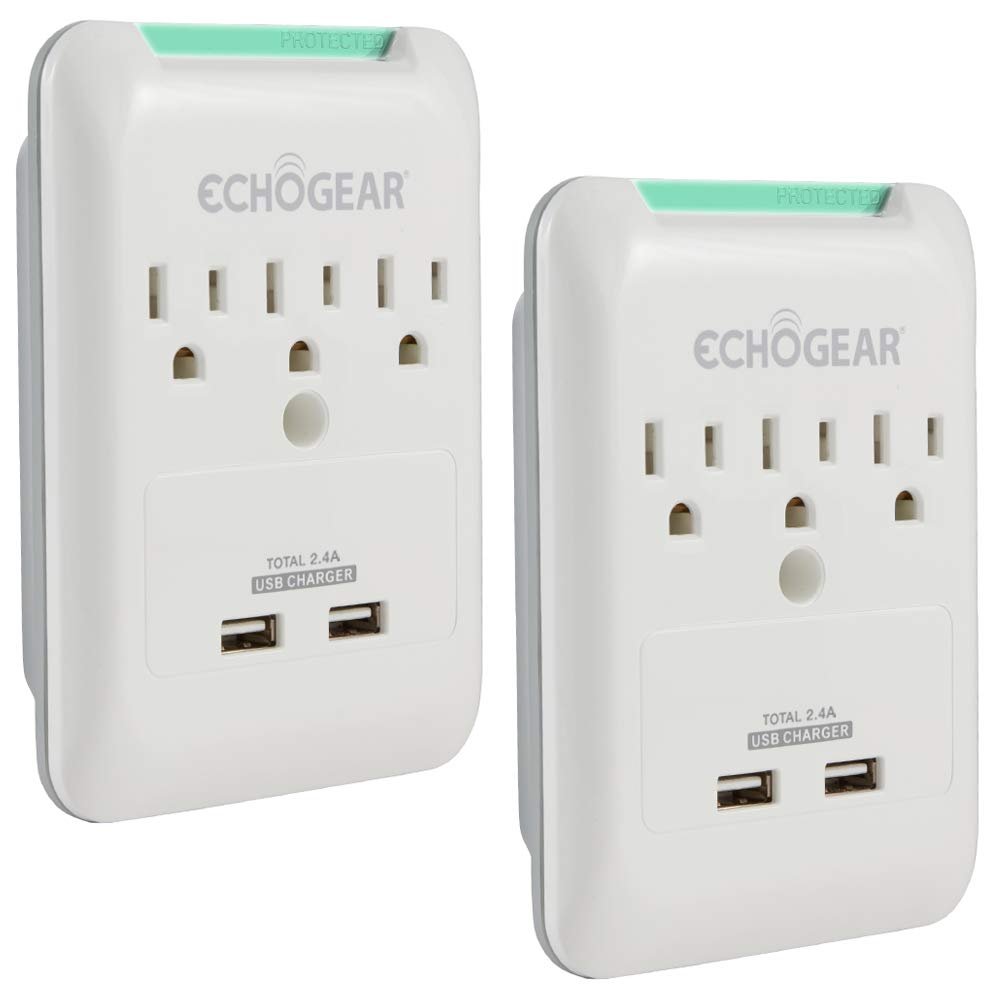 ECHOGEAR Outlet Extender Multiplug 2 Pack with 3 AC Outlets & 2 USB Ports  Low Profile Design Sits Just 1.1" from Wall - Protects Your Gear with 540 Joules of Surge Protection