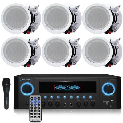 1000 Watts Home System w/USB and SD Card Inputs, (Qty 6) 6.5 Flush Mount in-Wall/in-Ceiling Stereo Speakers, Mic w/10 Ft Cable