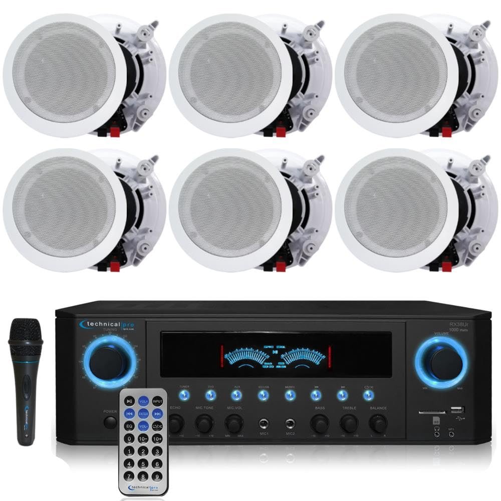 1000 Watts Home System w/USB and SD Card Inputs, (Qty 6) 6.5 Flush Mount in-Wall/in-Ceiling Stereo Speakers, Mic w/10 Ft Cable