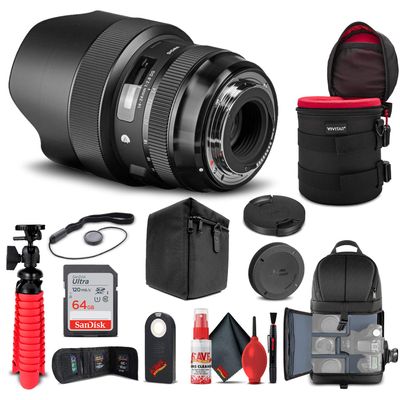Sigma 14-24mm f/2.8 DG HSM Art Lens for Nikon F (212955) Bundle + Backpack + 64GB Card + Lens Case + Card Reader + Cleaning Set + Flex Tripod + Memory Wallet + IR Remote + Cap Keeper