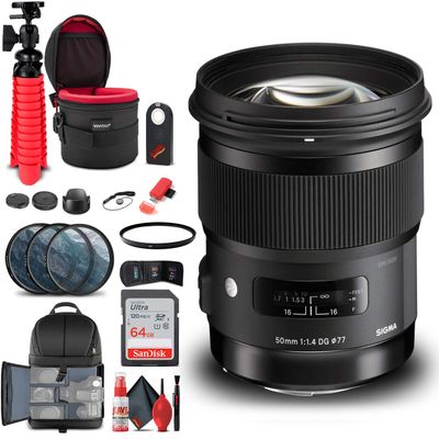 Sigma 50mm f/1.4 DG HSM Art Lens for Nikon F (311306) Bundle + Backpack + 64GB Card + Lens Case + Card Reader + 3 Piece Filter Kit + Cleaning Set + Flex Tripod + Memory Wallet + IR Remote + More