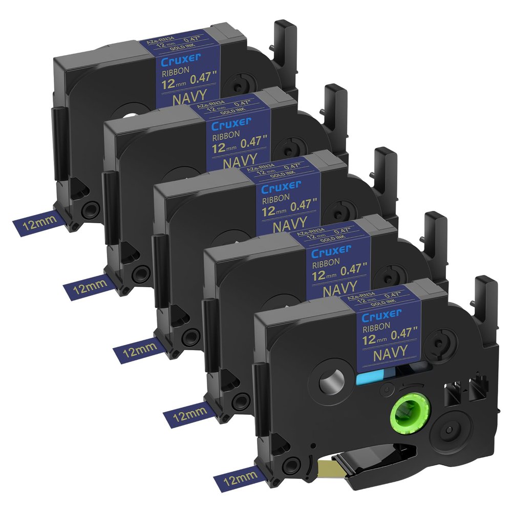 Cruxer 5 Pack Compatible for P-Touch TZe-RN34 TZ-RN34 Gold Print on Navy Satin Ribbon 12mm 1/2" 0.47 inch for PT-D200 PT-D210 PT-D400 D450 PTD600 PT-H100 PT-1230PC PT-P710BT PT-D400AD Label Maker