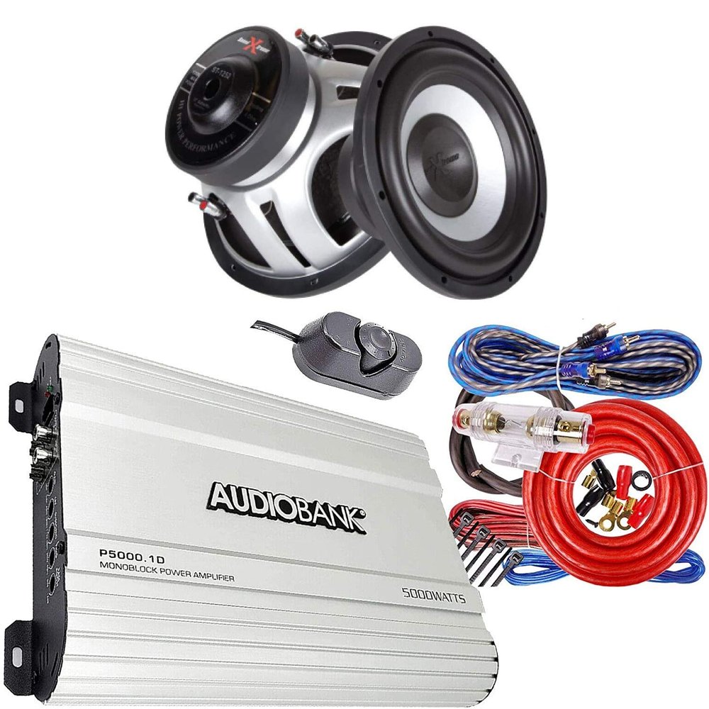 Audiobank P5000.1D 5000 Watts Monoblock 2/4 Ohm Stable, Class A/B Car Audio Amplifier+ 2X Soundxtreme ST-1252 12" 2600 Watts Car Audio Subwoofer + 4 Gauge Amplifier Installation Kit