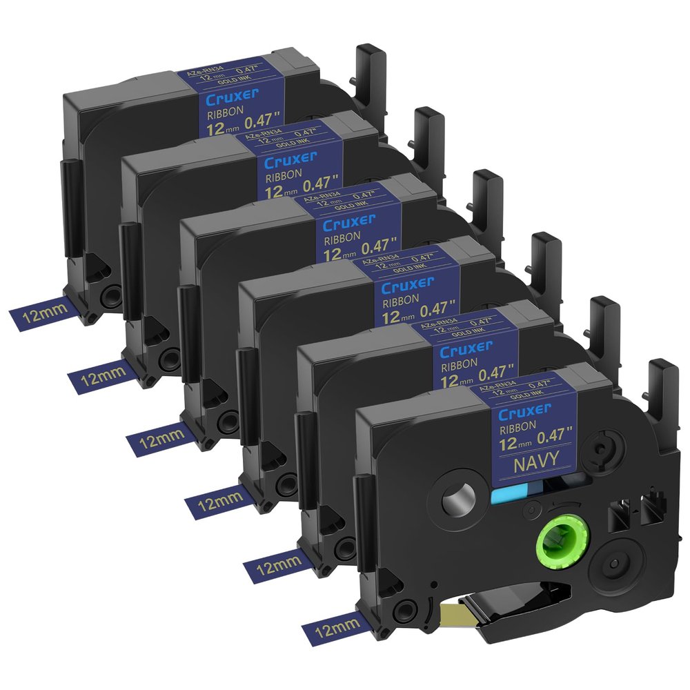 Cruxer 6 Pack Compatible for P-Touch TZe-RN34 TZ-RN34 Gold Print on Navy Satin Ribbon 12mm 1/2" 0.47 inch for PT-D200 PT-D210 PT-D400 D450 PTD600 PT-H100 PT-1230PC PT-P710BT PT-D400AD Label Maker