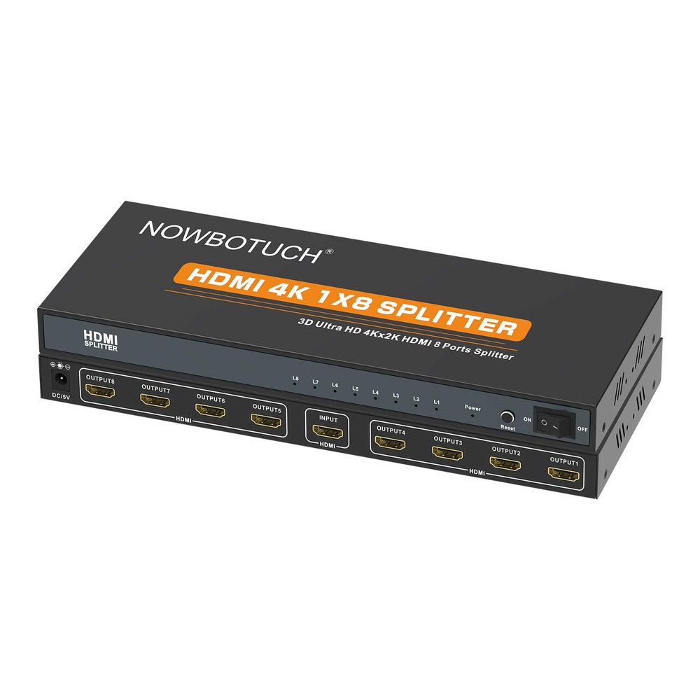 NOWBOTUCH 1x8 HDMI Splitter 8 Port 1 in 8 out HDMI Switch 1 Port to 8 HDMI Display Duplicate/Mirror Powered Splitter Ver 1.4 Certified for Full HD 1080P High Resolution 3D Support
