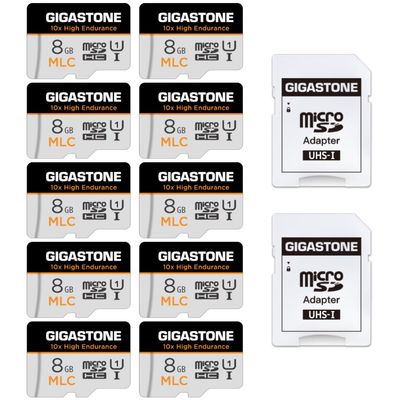 [10x High Endurance ] GIGASTONE Industrial 8GB MLC Micro SD Card 10-Pack, Full HD Video Recording, Dash Cam, Surveillance Compatible 85 MB/s, U1, with Adapter [5-Yrs Free Data Recovery]