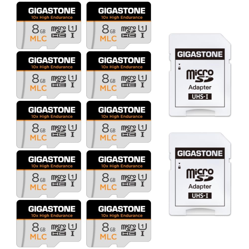 [10x High Endurance ] GIGASTONE Industrial 8GB MLC Micro SD Card 10-Pack, Full HD Video Recording, Dash Cam, Surveillance Compatible 85 MB/s, U1, with Adapter [5-Yrs Free Data Recovery]