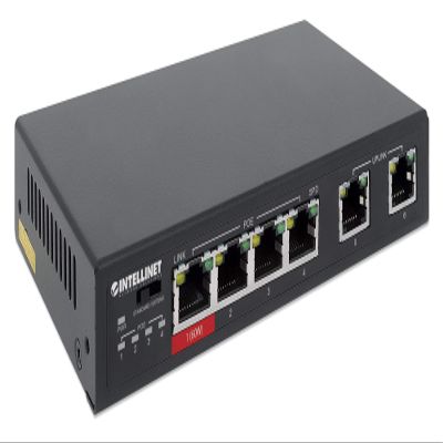 Intellinet 6 Port Fast Ethernet Unmanaged Switch with 4 Poe Ports - 1 High Power 60W & 3 PoE+ 30W Ports, 65W Budget, Extend Mode-Installs up to 820ft 2 FE Uplink Ports-3 Yr Mfg Warranty-561686