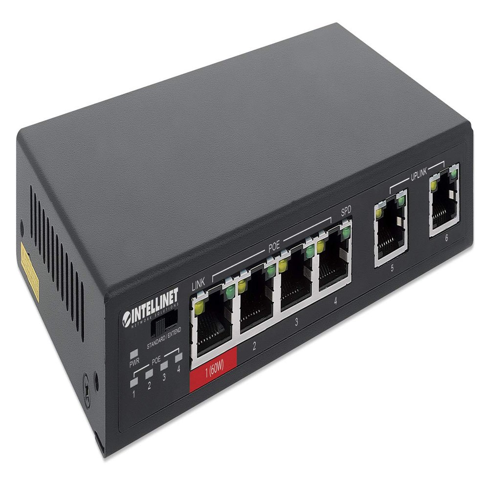 Intellinet 6 Port Fast Ethernet Unmanaged Switch with 4 Poe Ports - 1 High Power 60W & 3 PoE+ 30W Ports, 65W Budget, Extend Mode-Installs up to 820ft 2 FE Uplink Ports-3 Yr Mfg Warranty-561686