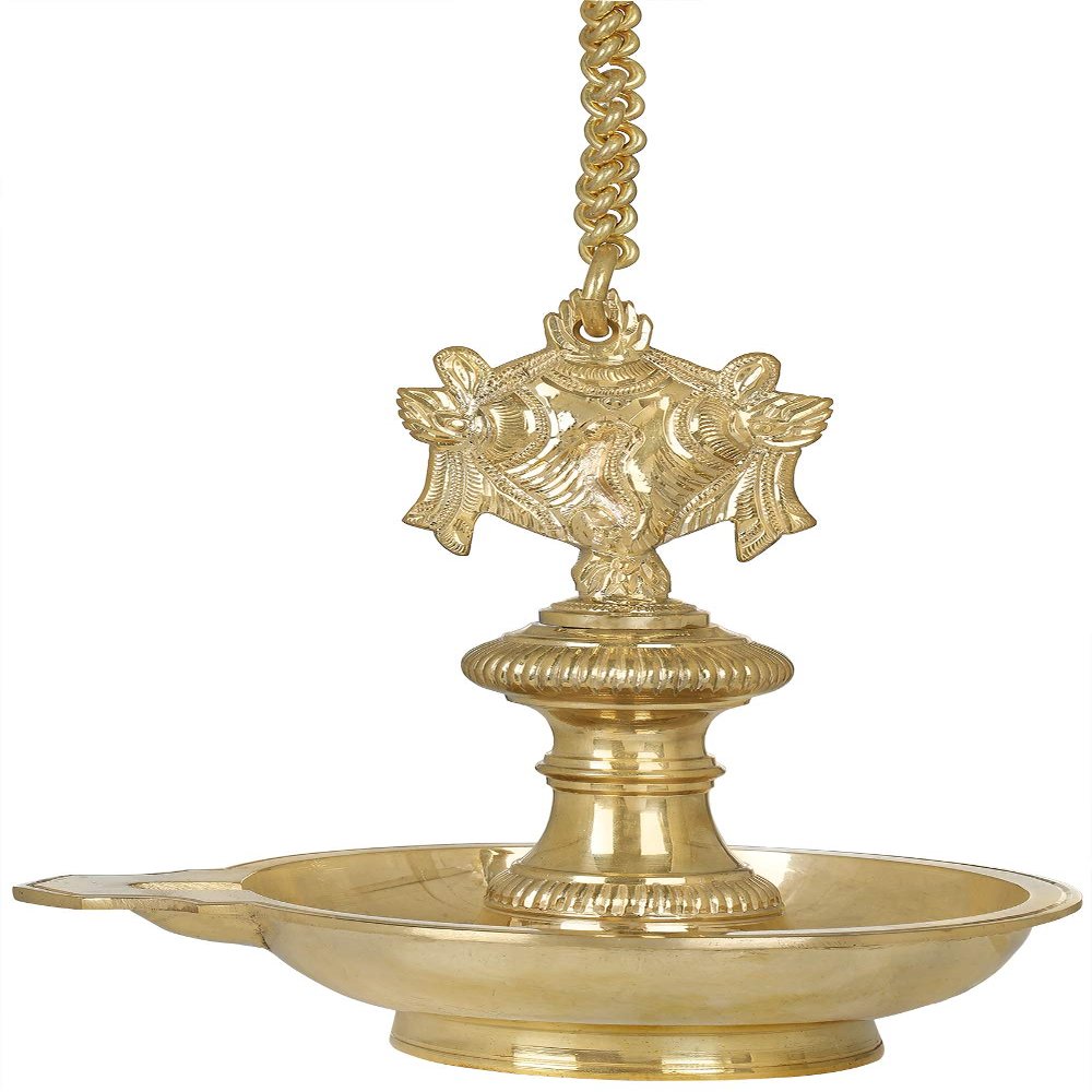 Roof Hanging Lamp with Vaishnava Symbols - Conch and Chakra - Brass Statue from South India
