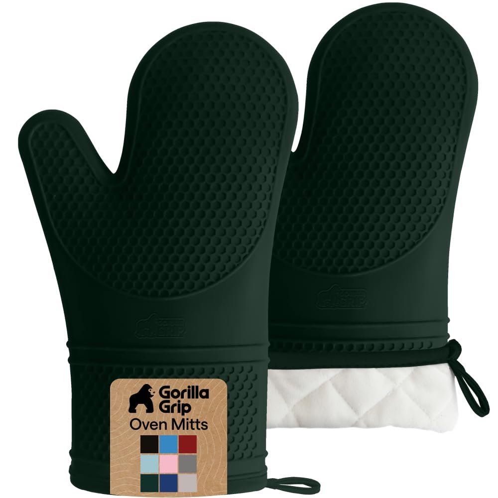 GORILLA GRIP BPA-Free Soft Silicone Oven Mitts, 550F Heat Resistant Waterproof Cooking Safety Gloves, Cotton Lining, Flexible Gripping for BBQ Grilling, Kitchen Potholders Set, 12.5x8.3, Hunter Green