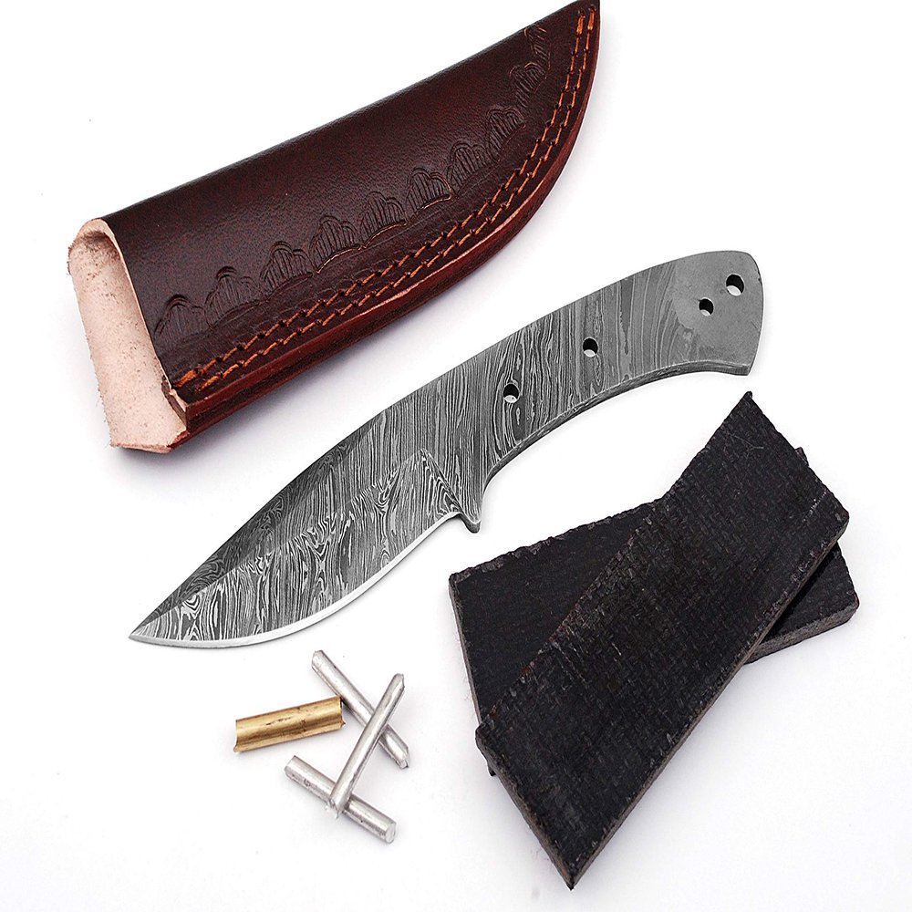 ColdLand 9" Damascus Steel Knife Making Kits - Knife Making Supplies Include Blade, Brass Pin, Sheath, Wood Handle Scales - Build your Own NB108
