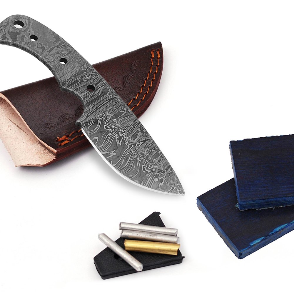 ColdLand 6" Damascus Steel Knife Making Kits - Knife Making Supplies Include Blank Steel Damascus Blade, with Sheath, Wood Handle Scales - Build your Own NB105