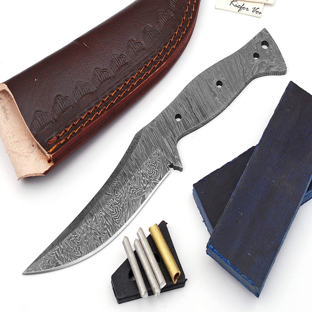 ColdLand 9" Damascus Steel Knife Making Kits - Knife Making Supplies Include Blank Blade, Brass Pin, Sheath, Wood Handle Scales - Build your Own NB112
