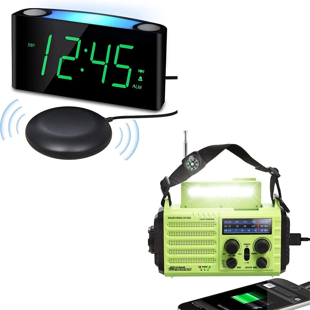 PPLEE 5-Way Powered Portable Emergency Solar Hand Crank AM/FM/SW/NOAA Weather Alert Radio + Vibrating Loud Alarm Clock with Bed Shaker