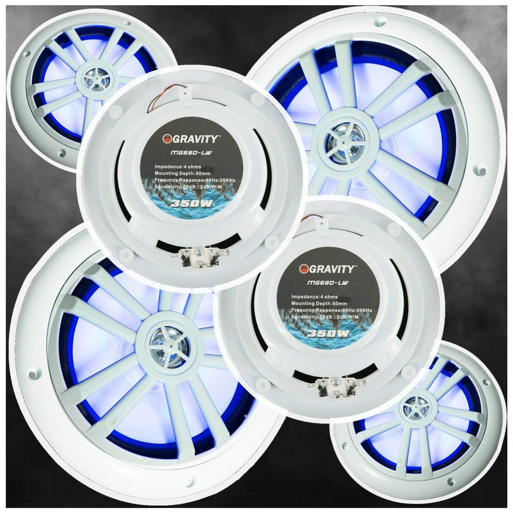8X Gravity MG680-LW 6.5- inch 2-Way 1400 Watts Peak Power Marine Speakers CEA Rated Sensitivity- 88 dB Frequency Response- 80-20 kHz Impedance- 4 ohms White