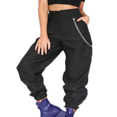 Andongnywell Ladies Solid Color Sport slaXYKs Harlan Pants Wide Legs Long Pants with Chain and poXYKets Trousers (Black,X-Large)