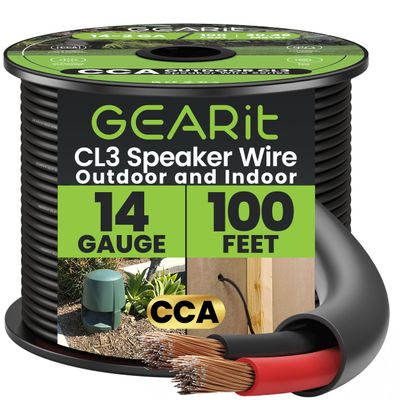 GEARit Outdoor Speaker Wire CL3 Rated, 14 Gauge Speaker Wire, Speaker Cable 100 ft for Outdoor Speakers, Patio, Garden, Backyard Audio, Direct Burial in Ground/in Wall, CCA (Black, 2-Conductors)