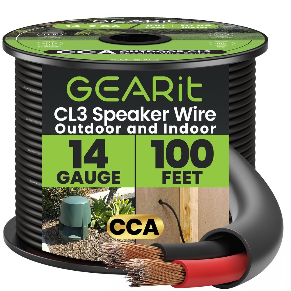GEARit Outdoor Speaker Wire CL3 Rated, 14 Gauge Speaker Wire, Speaker Cable 100 ft for Outdoor Speakers, Patio, Garden, Backyard Audio, Direct Burial in Ground/in Wall, CCA (Black, 2-Conductors)