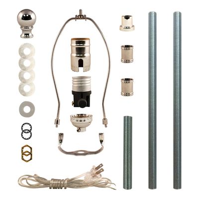 Royal Designs, Inc. DIY Lamp Making Kit Make, Refurbish, and Repair Includes 3-Way Socket, 9" Harp, 8 ft Long Lamp Cord & All Required Electrical Hardware - Polished Nickel - Single