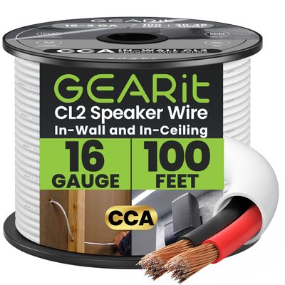 GearIT 16/2 Speaker Wire (100 Feet) 16 Gauge (Copper Clad Aluminum) - Fire Safety in Wall Rated Audio Speaker Wire Cable / CL2 Rated / 2 Conductors - CCA, 100ft