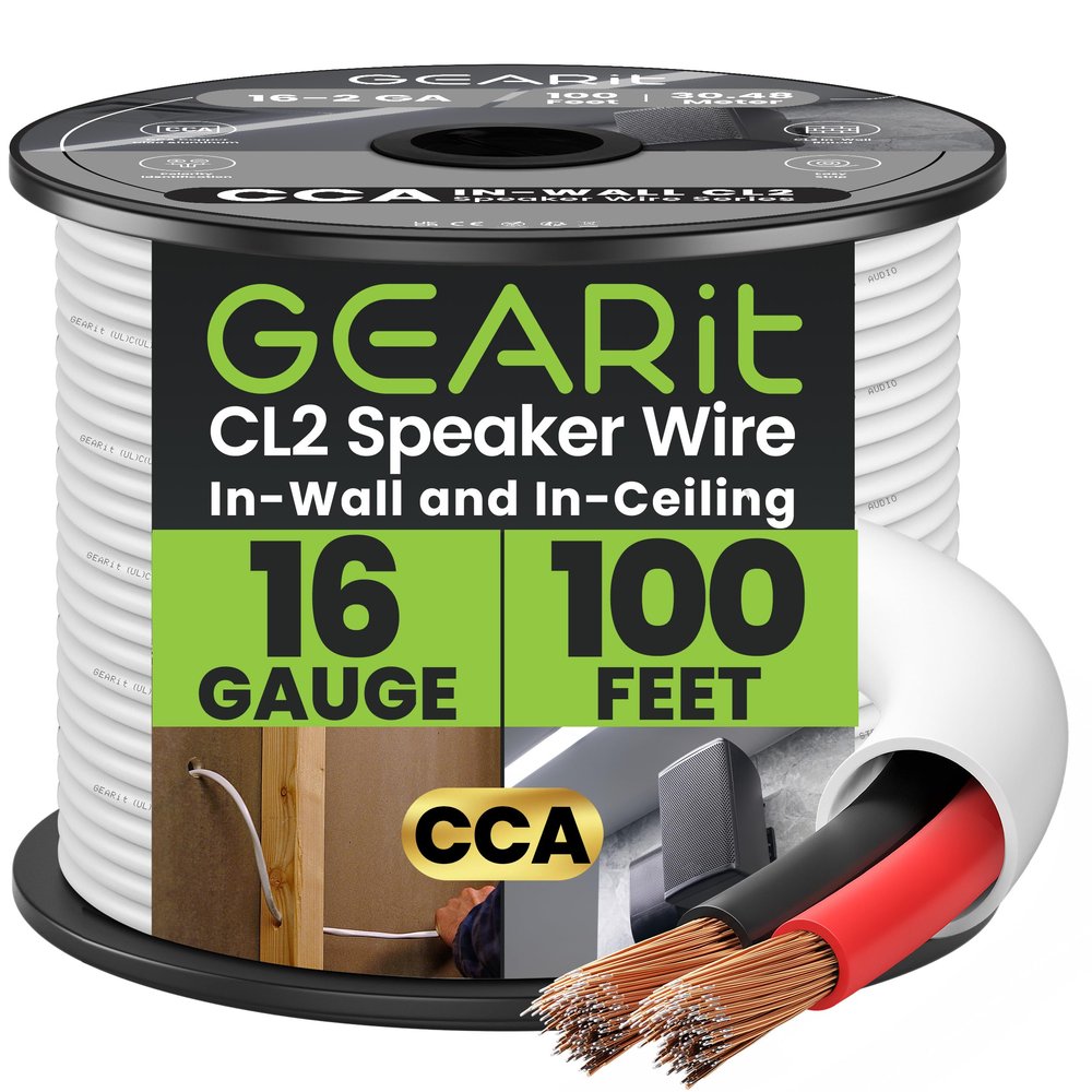 GearIT 16/2 Speaker Wire (100 Feet) 16 Gauge (Copper Clad Aluminum) - Fire Safety in Wall Rated Audio Speaker Wire Cable / CL2 Rated / 2 Conductors - CCA, 100ft