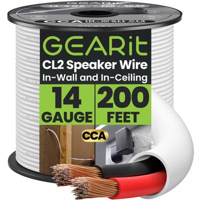GEARit 14 Gauge Speaker Wire (200 Feet), Black Speaker Cable for Indoor Home Theater or Car Audio, CL2 Rated in-Wall Fire Safety Wire, 2 Conductors, CCA