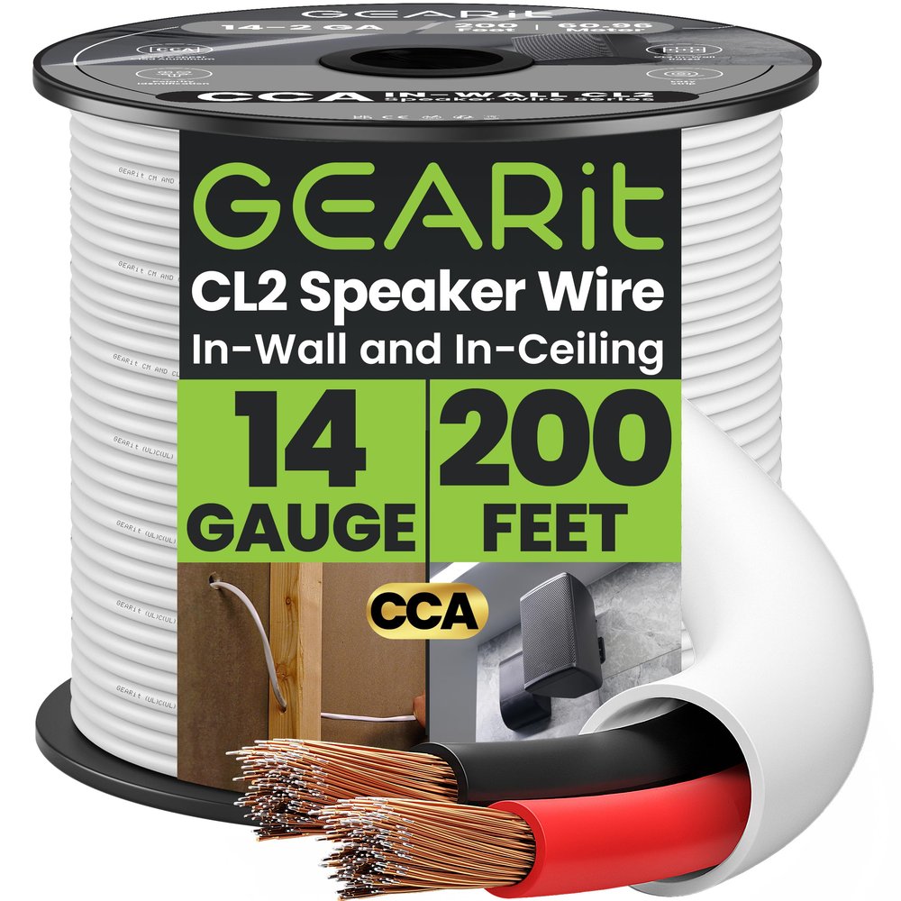 GEARit 14 Gauge Speaker Wire (200 Feet), Black Speaker Cable for Indoor Home Theater or Car Audio, CL2 Rated in-Wall Fire Safety Wire, 2 Conductors, CCA