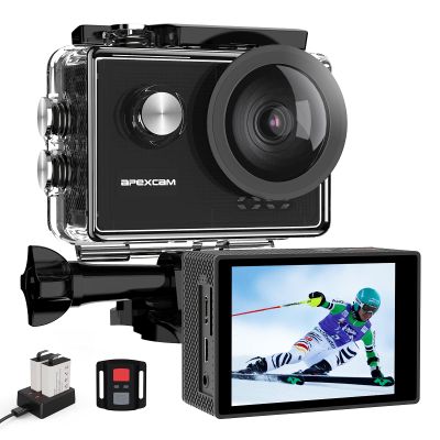 Apexcam 4K 60FPS Action Camera EIS Stabilization 20MP Sports Cam 40M Waterproof Underwater Camera 8X Zoom Support External Mic with Remote Control 2 x 1350mAh Rechargeable Batteries