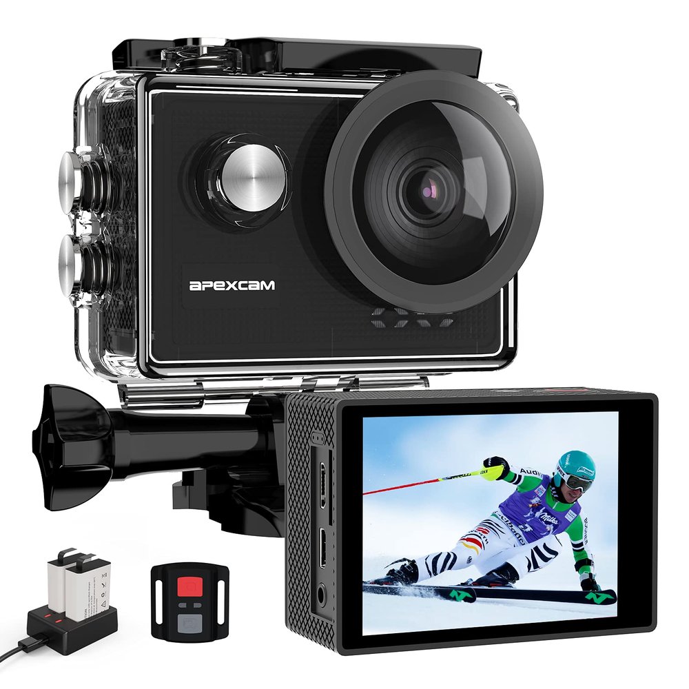 Apexcam 4K 60FPS Action Camera EIS Stabilization 20MP Sports Cam 40M Waterproof Underwater Camera 8X Zoom Support External Mic with Remote Control 2 x 1350mAh Rechargeable Batteries
