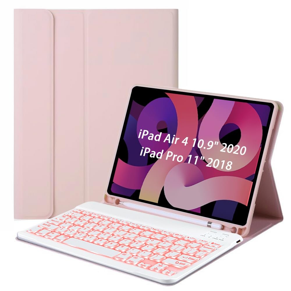 BLIENCE Keyboard Case for iPad Air 4th Gen 10.9 Inch 2020 & 2018 iPad Pro 11-7 Colors Backlight,Auto Wake/Sleep, Folio Cover Built-in Pen Holder,Protective Case with Detachable Wireless Keyboard
