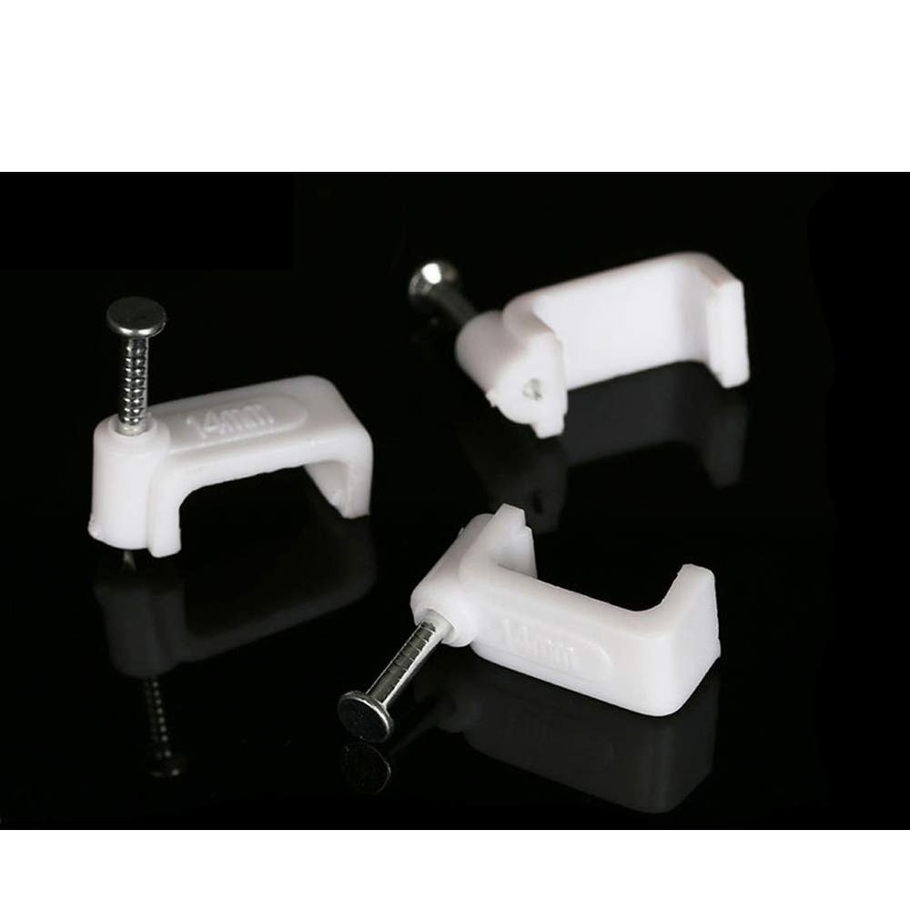 100 PCS 14mm Flat Ethernet Cable Wire Clips Single Coaxial Cable Clamps with Nail Flat Cable Wire Clips for Ethernet Cable Management