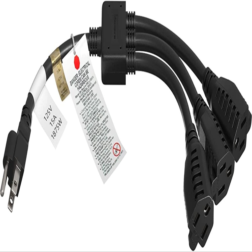 Cable Leader 3 Outlet Power Extension Splitter Cord Cable 5-15P to 5-15R x 3, Power Cord Extension, Heavy Duty Power Extension Cable, 14AWG, 3 Prong Splitter - 1 Pack, 1.5ft