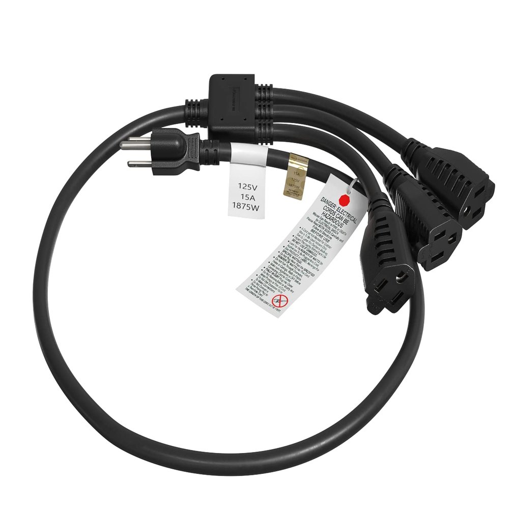 Cable Leader 3 Outlet Power Extension Splitter Cord Cable 5-15P to 5-15R x 3, Power Cord Extension, Heavy Duty Power Extension Cable, 14AWG, 3 Prong Splitter - 1 Pack, 3ft