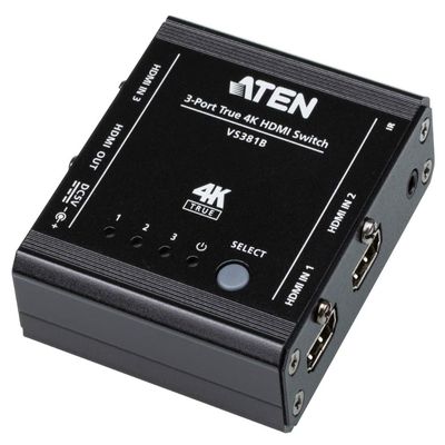 Aten 3-Port True HDMI Switch with IR Control and Pass-Through, W125985380 (IR Control and Pass-Through 3-Port True 4K HDMI Switch, HDMI, Black, Metal, 60 Hz, 5 m, 3840 x 2160,4096 x)