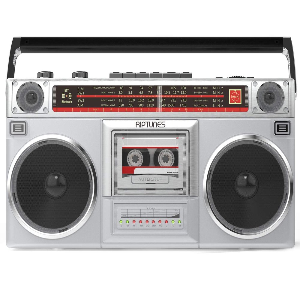 Riptunes Boombox Radio Cassette Player Recorder, AM/FM -SW1/SW2 Radio, Wireless Streaming, USB/Micro SD Slots, Aux in, Headphone Jack, Convert Cassettes to USB/SD, Classic 80s Style Retro, Silver