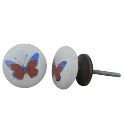 Indian Shelf Pack of 2 Modern Drawer Knobs Cabinet Handles Dresser Pulls Designer Look - (Ceramic, Butterfly Fauna, Orange)