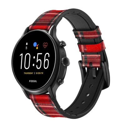 CA0290 Tartan Red Pattern Leather Smart Watch Band Strap for Fossil Hybrid Smartwatch Nate, Hybrid HR Latitude, Hybrid Smartwatch Machine Size (24mm)