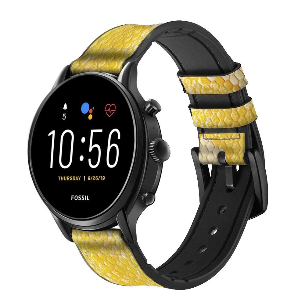 CA0416 Yellow Snake Skin Graphic Printed Leather & Silicone Smart Watch Band Strap for Fossil Mens Gen 5E 5 4 Sport, Hybrid Smartwatch HR Neutra, Collider, Womens Gen 5 Size (22mm)