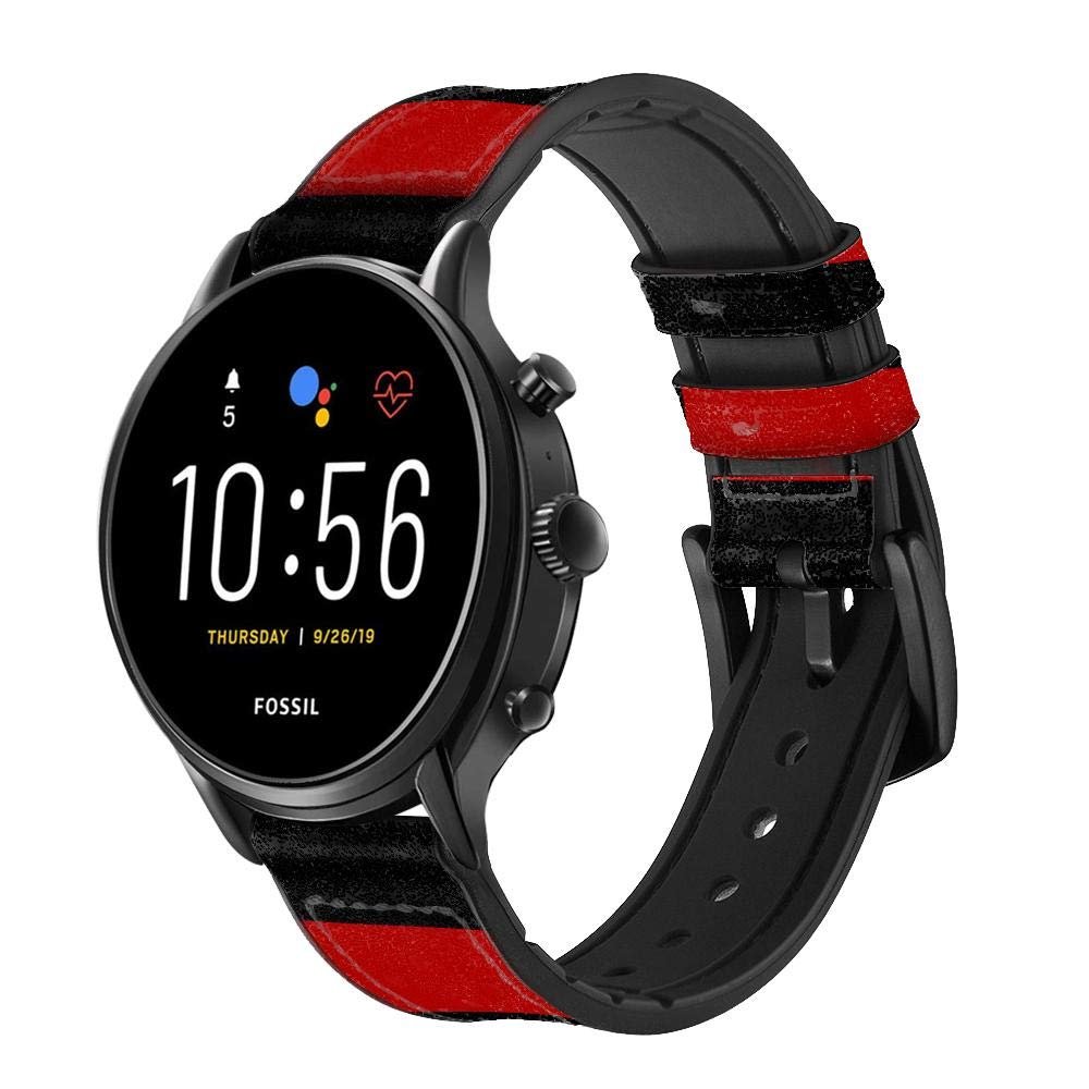 CA0384 Black and Red Striped Leather Smart Watch Band Strap for Fossil Hybrid Smartwatch Nate, Hybrid HR Latitude, Hybrid Smartwatch Machine Size (24mm)