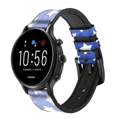CA0337 Star Pattern Leather & Silicone Smart Watch Band Strap for Fossil Mens Gen 5E 5 4 Sport, Hybrid Smartwatch HR Neutra, Collider, Womens Gen 5 Size (22mm)