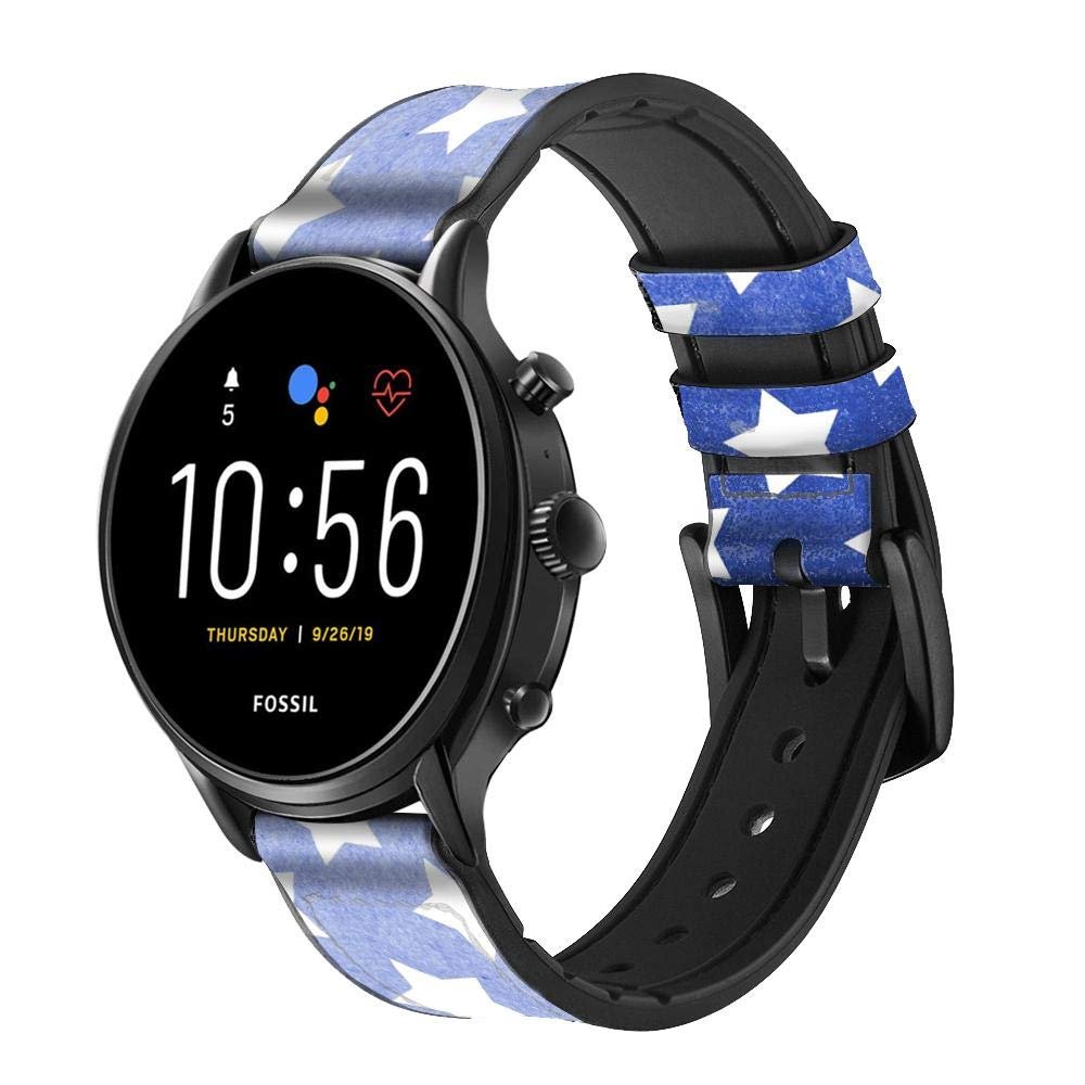 CA0337 Star Pattern Leather & Silicone Smart Watch Band Strap for Fossil Mens Gen 5E 5 4 Sport, Hybrid Smartwatch HR Neutra, Collider, Womens Gen 5 Size (22mm)