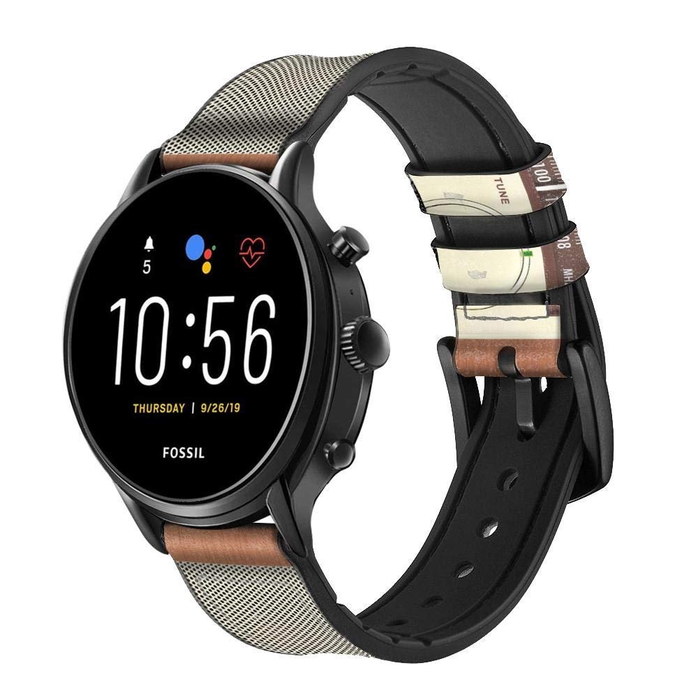 CA0594 FM AM Wooden Receiver Graphic Leather Smart Watch Band Strap for Fossil Womens Gen 5E, Womens Gen 4, Hybrid Smartwatch HR Charter Size (18mm)