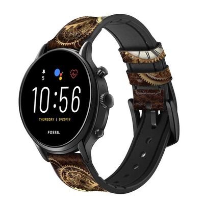 CA0596 Gold Clock Live Leather Smart Watch Band Strap for Fossil Hybrid Smartwatch Nate, Hybrid HR Latitude, Hybrid Smartwatch Machine Size (24mm)