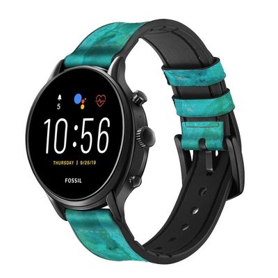 CA0586 Aqua Marble Stone Leather & Silicone Smart Watch Band Strap for Fossil Mens Gen 5E 5 4 Sport, Hybrid Smartwatch HR Neutra, Collider, Womens Gen 5 Size (22mm)